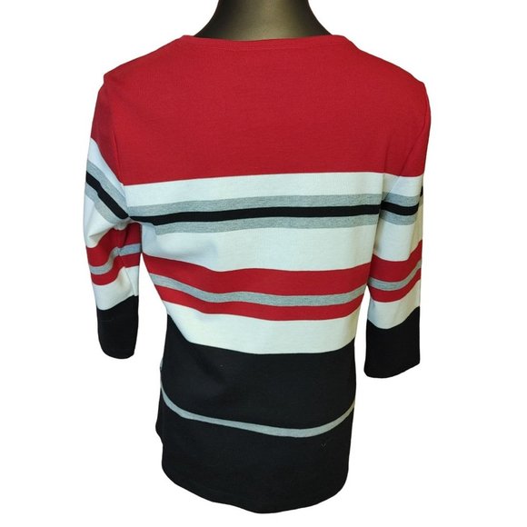 Karen Scott Sport Womens Petite L Red White Blue Embellished Striped Top Sweater - Picture 2 of 4